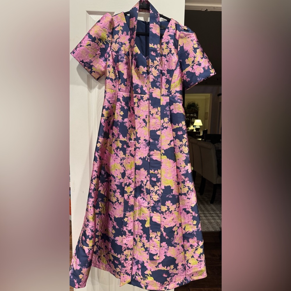 Abbey Glass brocade pink navy Mother of Bride Elegant Floral Women's Dress Large - Picture 3 of 6